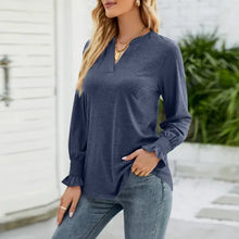 Navy Long Sleeve Blouse with Smocked Cuffs Woman T Shirts