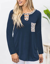 Navy Long Sleeve Shirt with Leopard Print Accents and Pocket