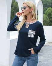 Navy Long Sleeve Shirt with Leopard Print Accents and Pocket