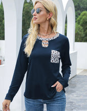 Navy Long Sleeve Shirt with Leopard Print Accents and Pocket