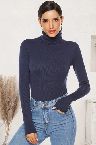 Navy Blue Long Sleeve Ribbed Turtleneck Bodysuit for Women Dark Blue