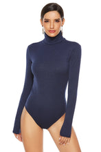 Navy Blue Long Sleeve Ribbed Turtleneck Bodysuit for Women