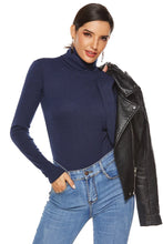 Navy Blue Long Sleeve Ribbed Turtleneck Bodysuit for Women