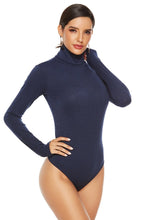 Navy Blue Long Sleeve Ribbed Turtleneck Bodysuit for Women