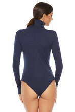 Navy Blue Long Sleeve Ribbed Turtleneck Bodysuit for Women