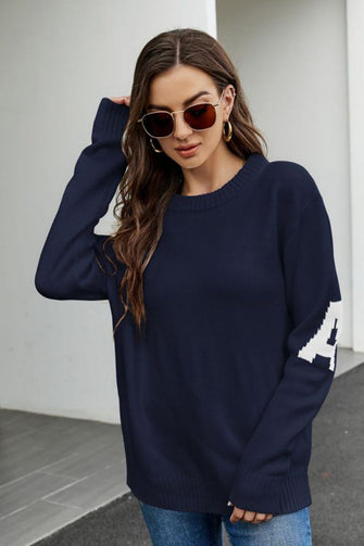 Navy Round Neck Sweater with White Sleeve Letter Long Regular Sleeves Dark Blue