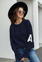 Navy Round Neck Sweater with White Sleeve Letter Long Regular Sleeves