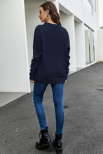Navy Round Neck Sweater with White Sleeve Letter Long Regular Sleeves