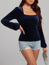 Navy Velvet Square Neck Top for Women