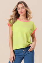 Neon Green Cord Rib Knit Contrast Banded Top with Pink Trim LIME NEON PINK