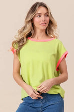 Neon Green Cord Rib Knit Contrast Banded Top with Pink Trim Woman T Shirts