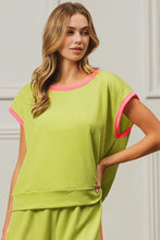 Neon Green Cord Rib Knit Contrast Banded Top with Pink Trim Woman T Shirts