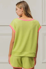 Neon Green Cord Rib Knit Contrast Banded Top with Pink Trim Woman T Shirts