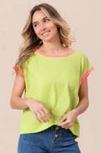 Neon Green Cord Rib Knit Contrast Banded Top with Pink Trim Woman T Shirts