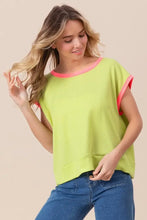 Neon Green Cord Rib Knit Contrast Banded Top with Pink Trim Woman T Shirts