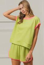 Neon Green Cord Rib Knit Contrast Banded Top with Pink Trim Woman T Shirts