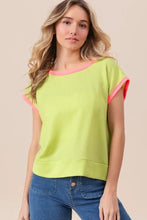 Neon Green Cord Rib Knit Contrast Banded Top with Pink Trim Woman T Shirts