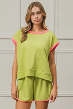 Neon Green Cord Rib Knit Contrast Banded Top with Pink Trim Woman T Shirts