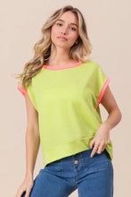 Neon Green Cord Rib Knit Contrast Banded Top with Pink Trim Woman T Shirts