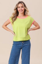 Neon Green Cord Rib Knit Contrast Banded Top with Pink Trim