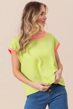 Neon Green Cord Rib Knit Contrast Banded Top with Pink Trim Woman T Shirts