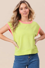 Neon Green Cord Rib Knit Contrast Banded Top with Pink Trim Woman T Shirts