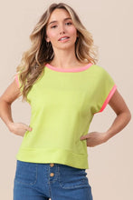 Neon Green Cord Rib Knit Contrast Banded Top with Pink Trim