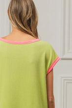 Neon Green Cord Rib Knit Contrast Banded Top with Pink Trim Woman T Shirts