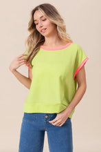 Neon Green Cord Rib Knit Contrast Banded Top with Pink Trim Woman T Shirts