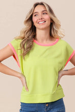 Neon Green Cord Rib Knit Contrast Banded Top with Pink Trim