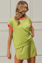 Neon Green Cord Rib Knit Contrast Banded Top with Pink Trim Woman T Shirts