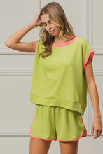 Neon Green Cord Rib Knit Contrast Banded Top with Pink Trim