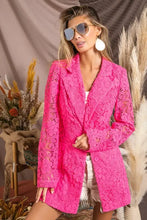 Neon pink single-breasted long sleeve lace blazer with oversized pockets