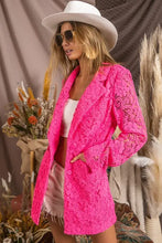 Neon pink lace blazer with fringed edges, button closure, pockets, relaxed fit