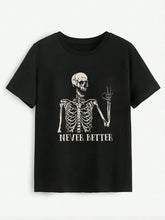 Black NEVER BETTER round neck short sleeve t-shirt with white skeleton graphic