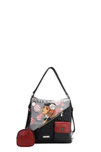 Nicole Lee USA backpack bag with black gray design, red pouch, and convertible adjustable strap