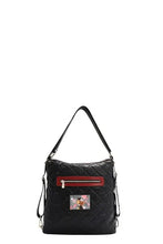 Nicole Lee USA backpack bag: black quilted shoulder bag with convertible adjustable strap, red zippered pocket, and decorative art print patch