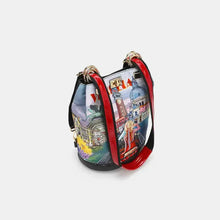 Nicole Lee USA colorful bucket bag with Venice cityscape and zip pocket