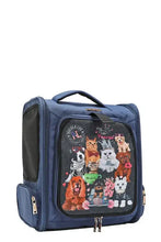 Nicole Lee USA expandable pet carrier backpack with blue front panel featuring colorful dogs and cats in princess attire