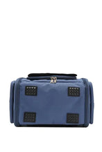 Nicole Lee USA blue pet carrier backpack with black patches, silver zippers