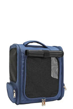 Nicole Lee USA expandable pet carrier backpack with blue body, black mesh panels, retractable handle