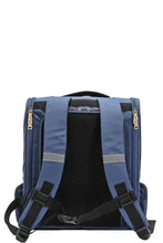 Nicole Lee USA pet carrier backpack back view with blue design, black mesh panel, reflective straps