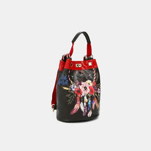 Nicole Lee USA flower pattern adjustable strap backpack bag with vibrant floral and feather design, red accents, and black bucket style