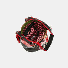 Nicole Lee USA flower pattern adjustable strap backpack bag in black, red, floral with pink polka-dot lining