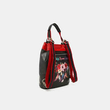 Nicole Lee USA flower pattern adjustable strap backpack bag in black red faux leather with floral feather design