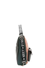 Nicole Lee USA multifunction handbag with black and white logo adjustable strap