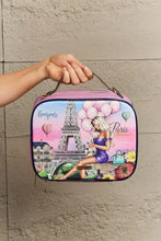 Nicole Lee USA printed handbag in glossy patent leather with pink Paris Eiffel Tower and pin-up girl lunchbox design