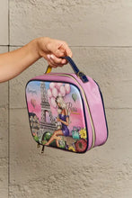 Nicole Lee USA printed handbag in pink Paris lunchbox style with Eiffel Tower and pin-up girl glossy patent leather design