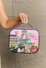Nicole Lee USA printed handbag: pink purple Paris toiletry bag with Eiffel Tower glossy patent leather design