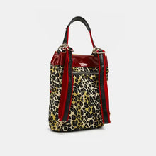 Nicole Lee USA vegan leather leopard print bucket handbag with red accents